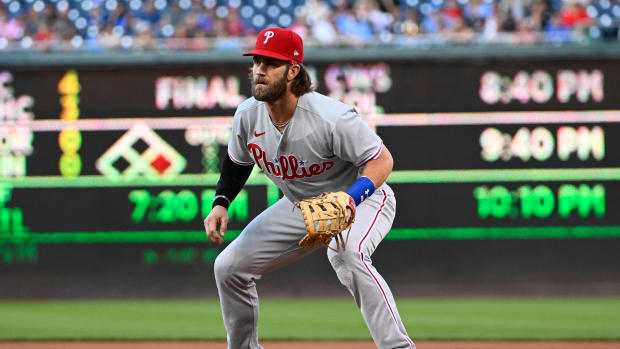 Aug 18, 2023; Washington, District of Columbia, USA; Philadelphia Phillies first baseman Bryce Harper (3) at first base against the Washington Nationals during the first inning at Nationals Park. Mandatory Credit: Brad Mills-USA TODAY Sports
